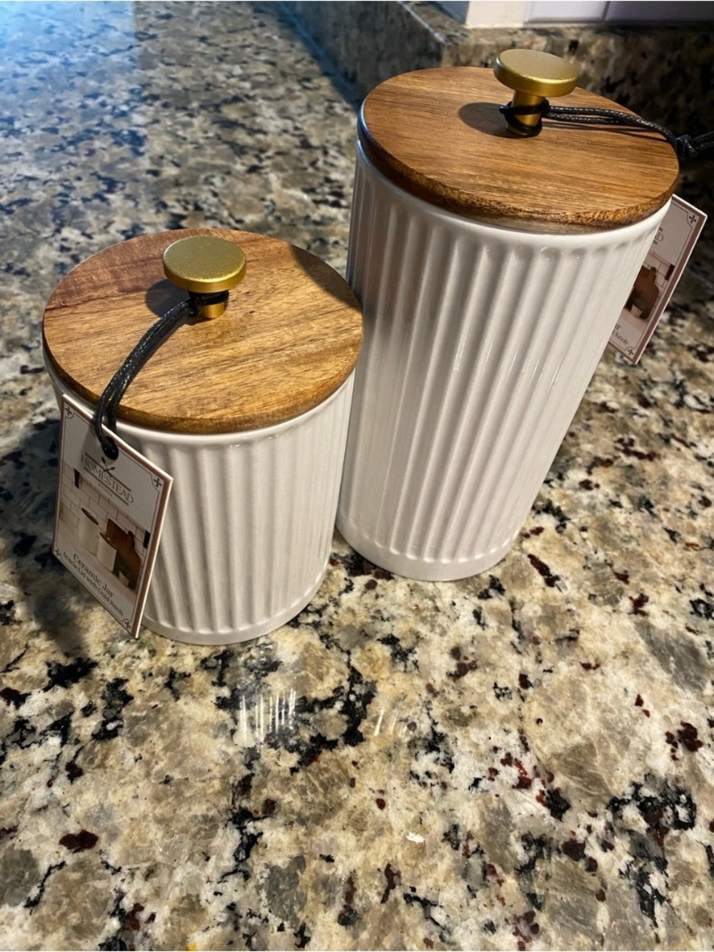T.J.Maxx White Ribbed Ceramic Canister Set with Wood Lids